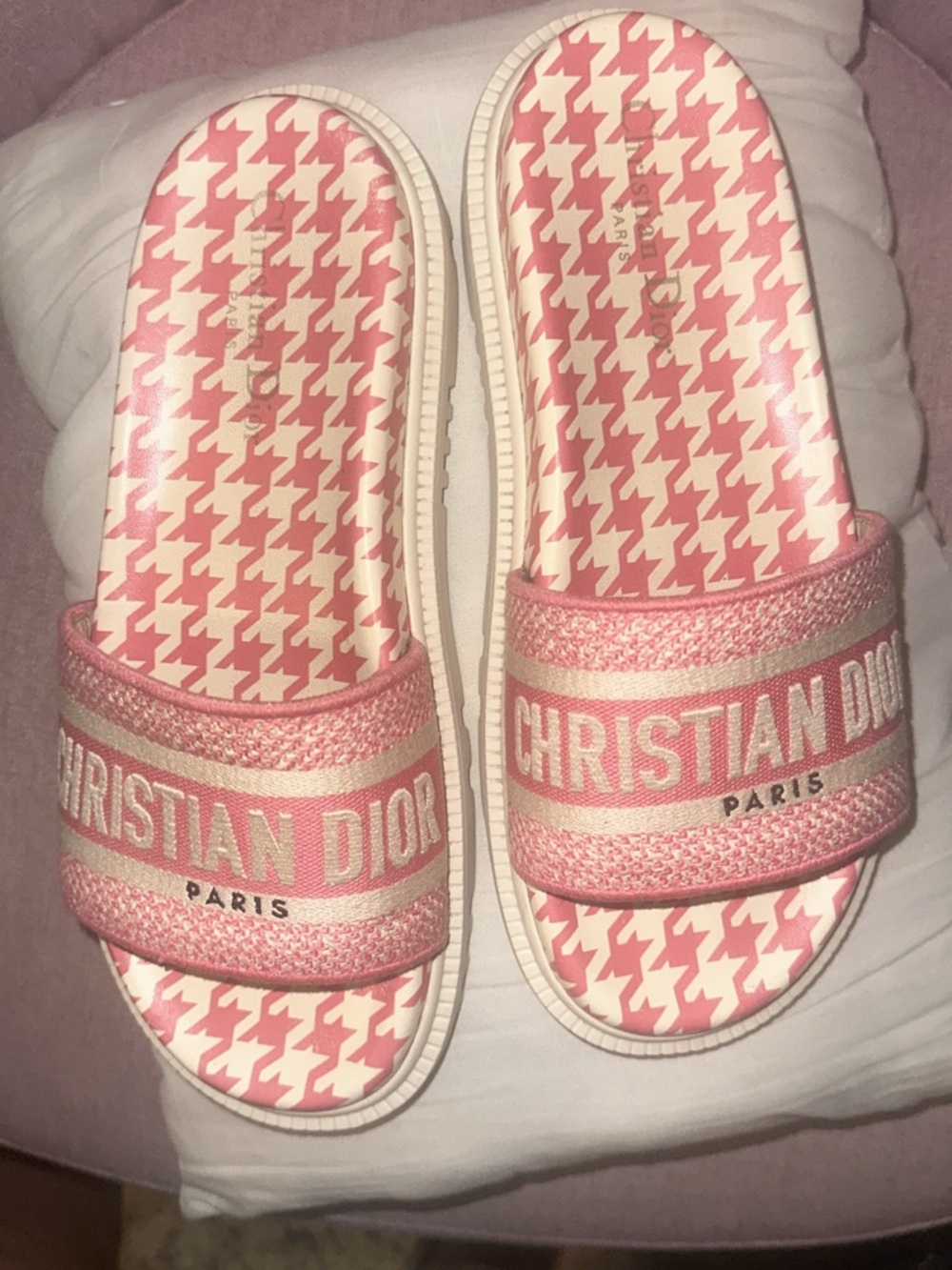 Dior Pink Houndstooth Logo Slide Sandals